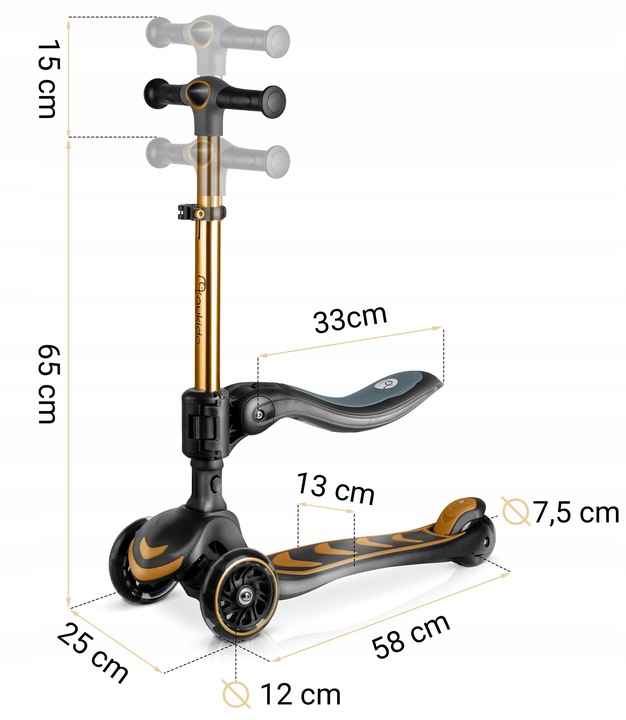 Nukido bērnu skrejriteņa izmēru shēma ar 65 cm augstumu, 58 cm garumu un riteņu diametriem