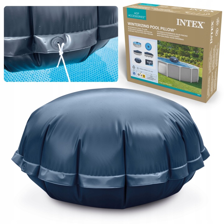 Intex 28099 baseina spilvens attēlots ar iepakojumu un piepumpētu formu