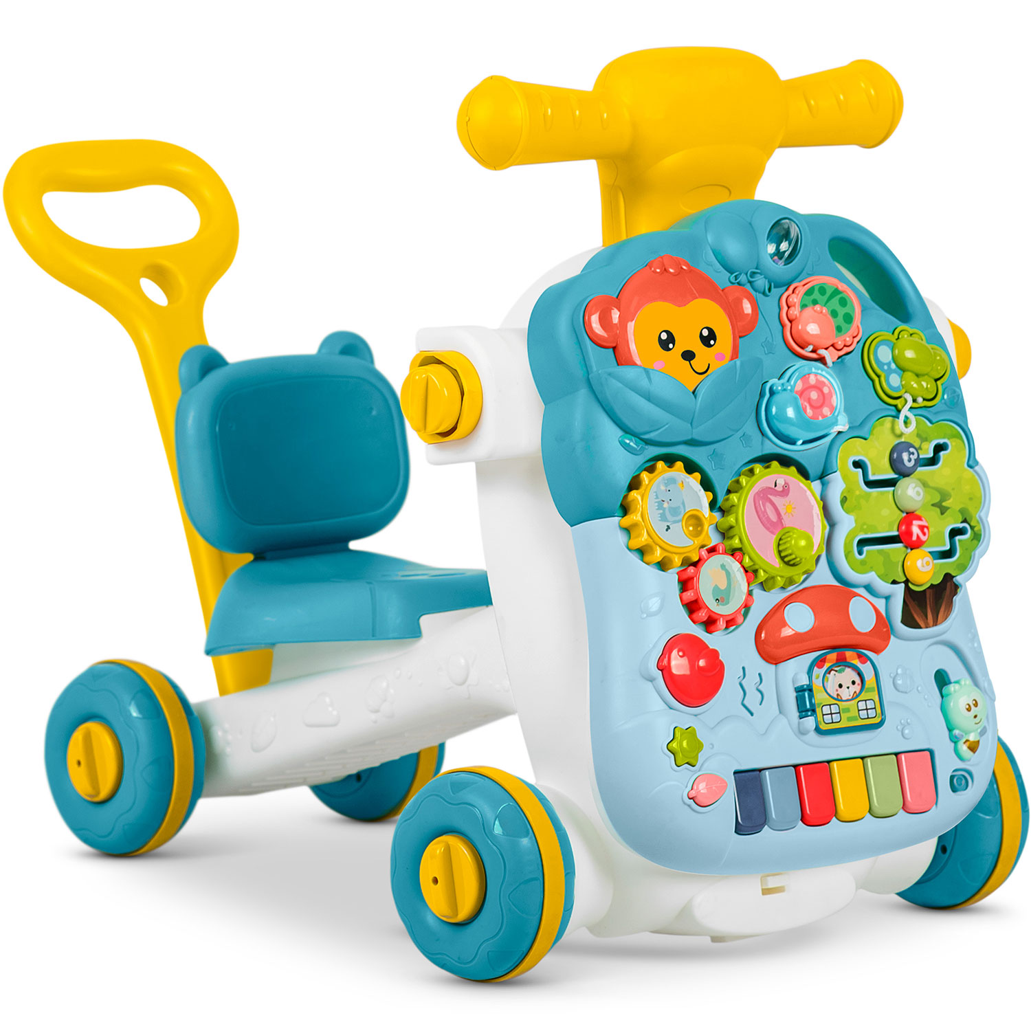 Ricokids stumjamais ar sēdekli, rokturi un izglītojošo paneli no priekšpuses tuvplānā