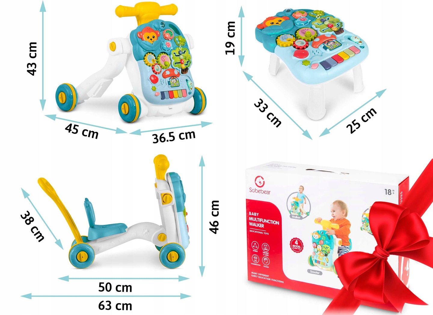 Ricokids stumjamā un galdiņa izmēru shēma ar centimetru atzīmēm un dāvanu kastes attēlu