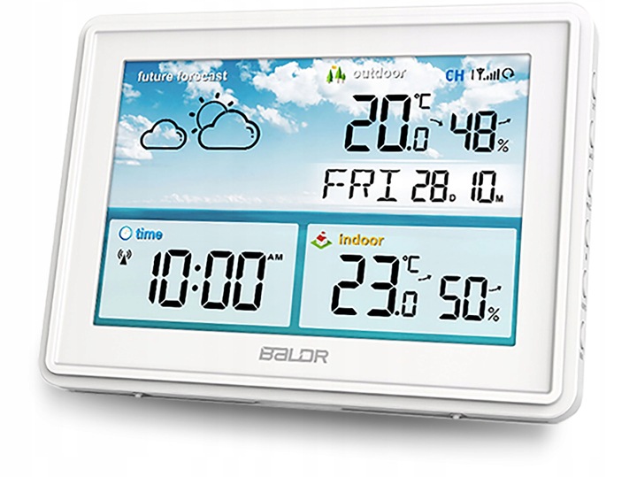 BALDR BD-909 laikapstākļu stacija no priekšpuses ar LCD displeju un ārējo sensoru