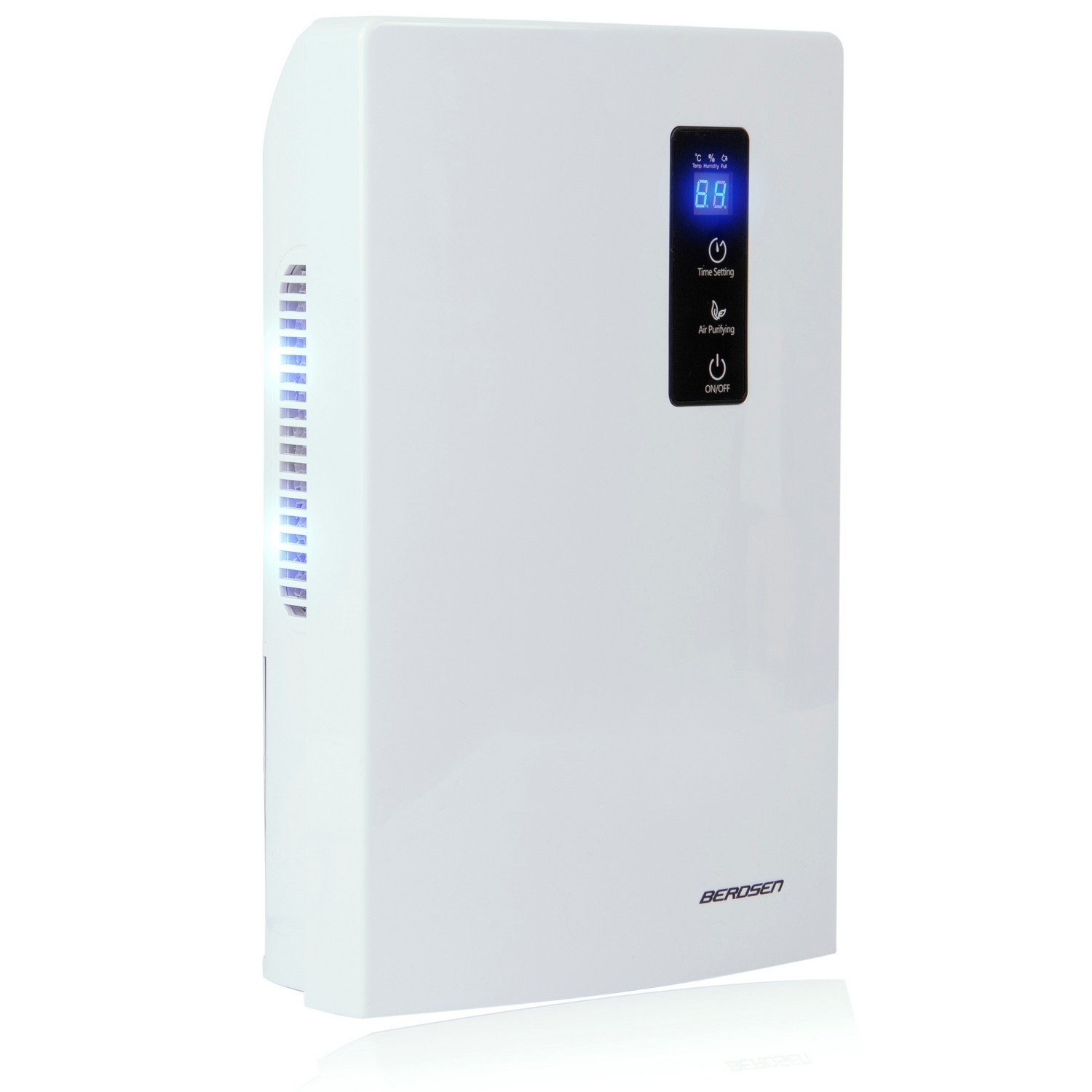 Berdsen BR-20 gaisa sausinātājs no priekšpuses ar vertikālu ventilācijas joslu un izgaismotu displeju