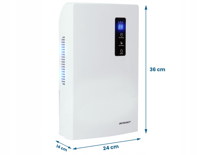 Berdsen BR-20 gaisa sausinātājs ar norādītu 36 cm augstumu un 24 x 14 cm pamatni