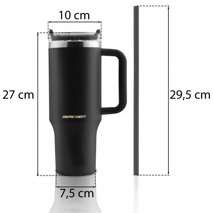 Berdsen termokrūzes izmēru shēma ar 27 cm, 29,5 cm, 10 cm un 7,5 cm atzīmēm
