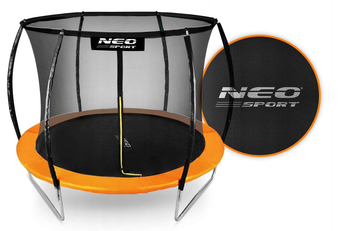 Neo-Sport dārza batuts ar oranžu aizsargmalu un iekšējo tīklu pilnā skatā
