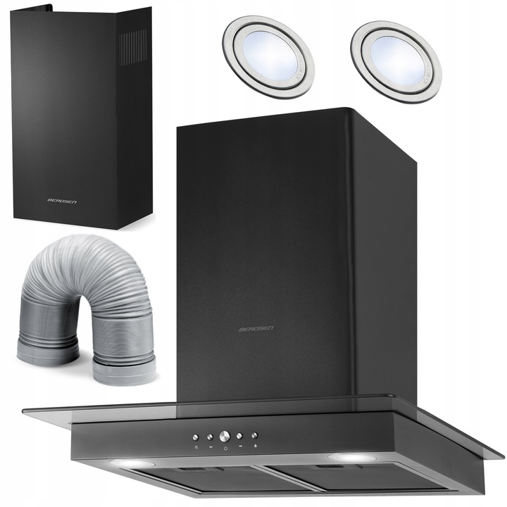 Berdsen BT-217 tvaika nosūcējs no priekšpuses ar divām LED lampām un redzamu ventilācijas cauruli