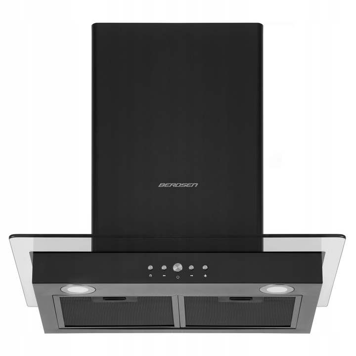 Berdsen BT-217 tvaika nosūcēja priekšskats ar soft touch vadības joslu un tauku filtru apakšā