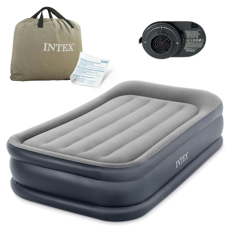 Intex piepūšamā gulta ar somu, instrukciju lapu un iebūvēto elektrisko sūkni