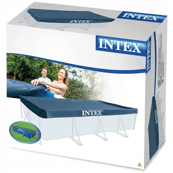 Intex 28039 baseina pārvalka iepakojums ar attēlotu rāmja baseina pārklājumu uz kastes