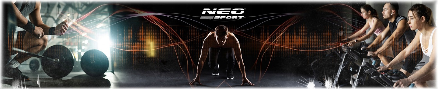 Neo-Sport dārza batuts ar redzamu rāmi un sportisku produktu kompozīciju
