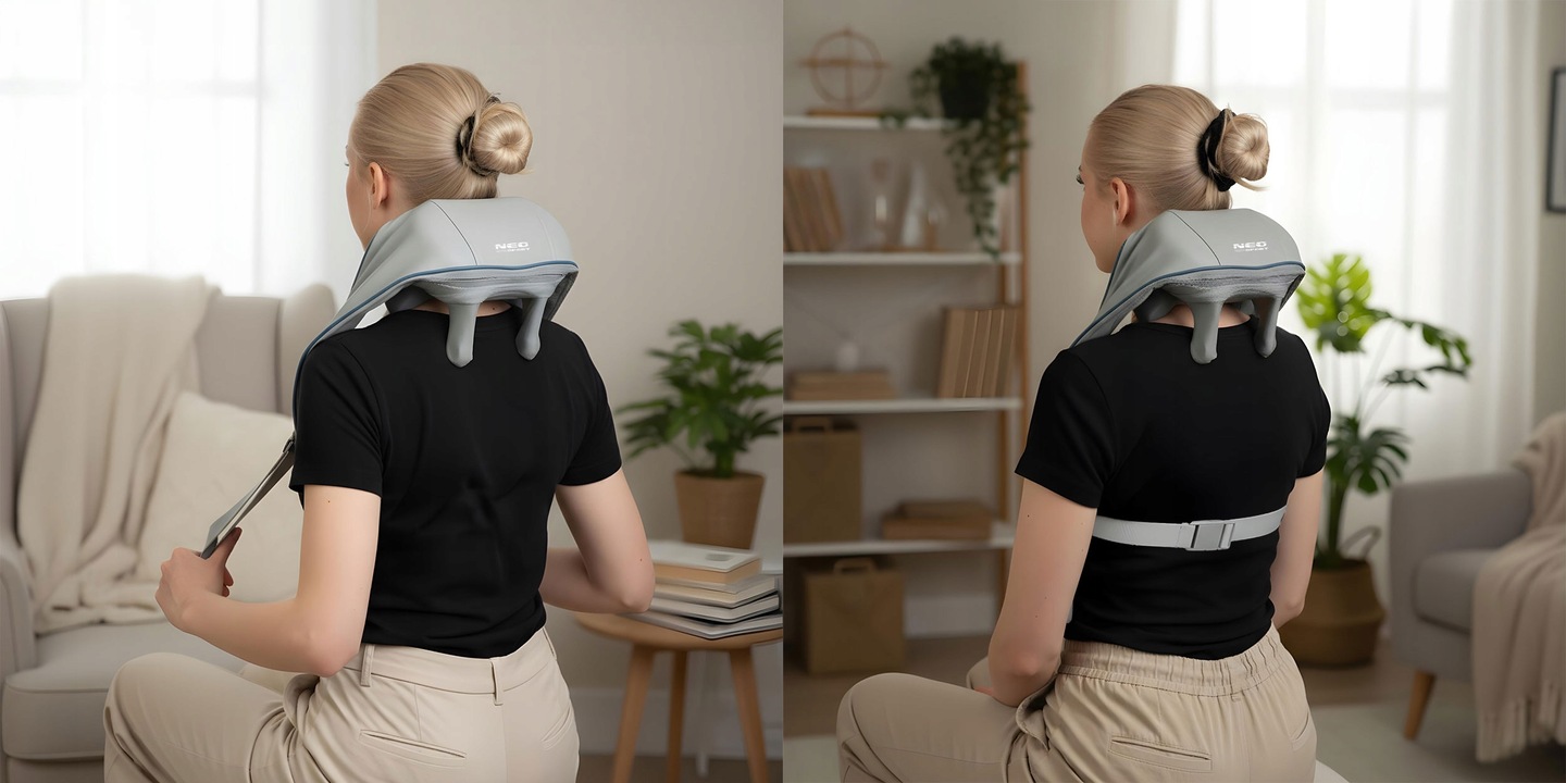 Shiatsu masētājs mugurai un kaklam lietošanā sēdus pozā no aizmugures