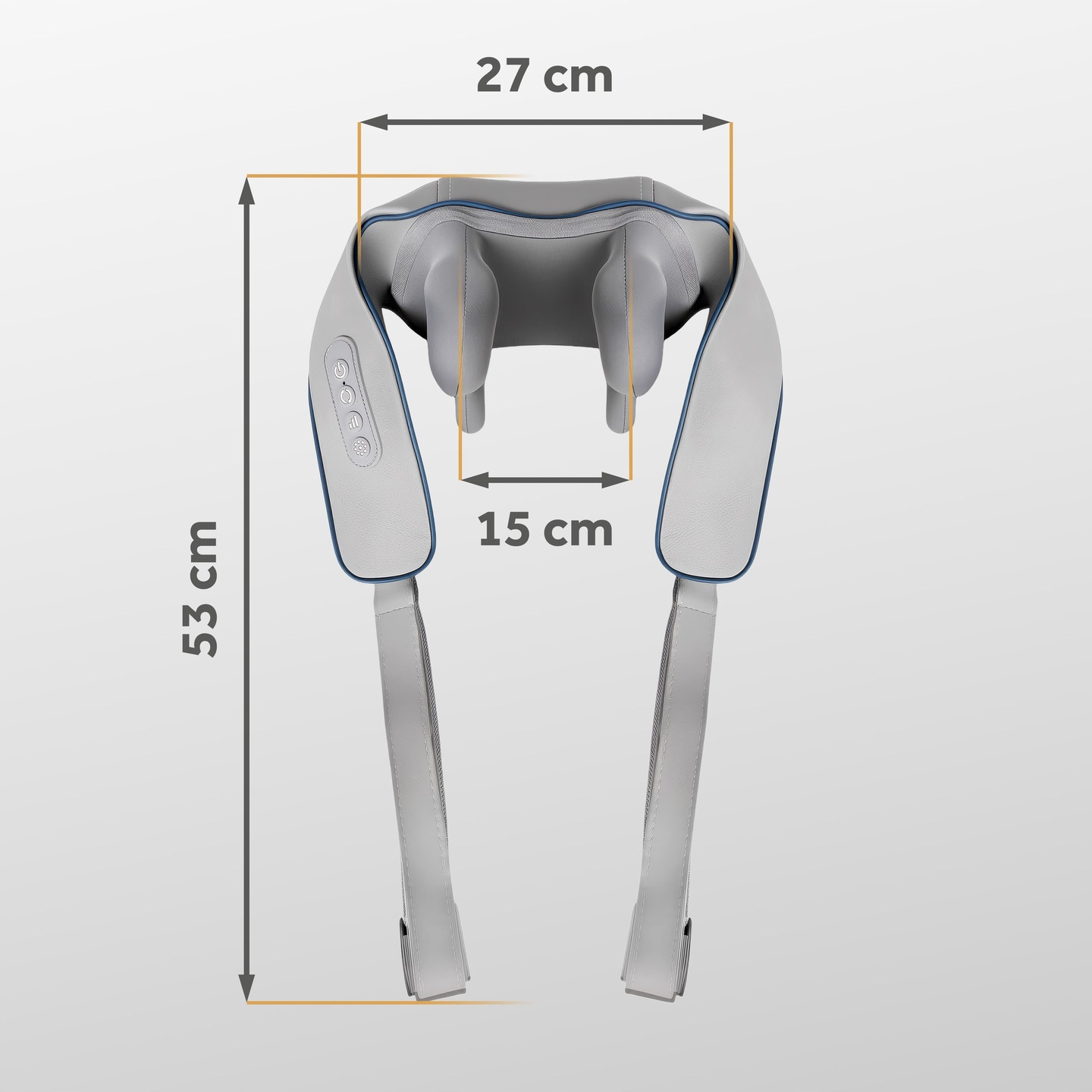 Masētāja augšējā platuma un kopējā garuma izmēru shēma ar 27 cm un 53 cm atzīmēm