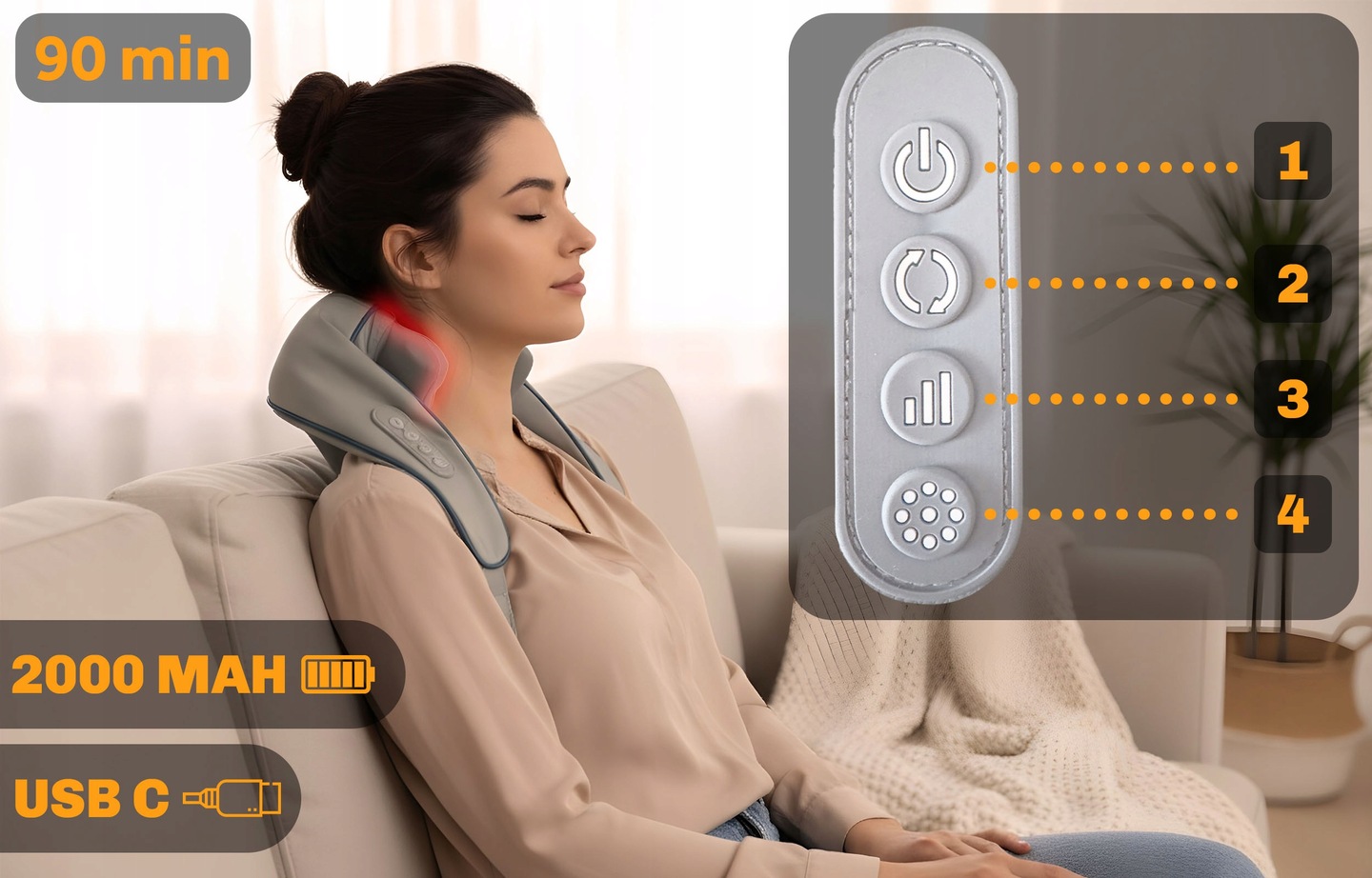 Shiatsu kakla masētājs ar 90 min darbības laiku, 2000 mAh bateriju un USB-C uzlādi