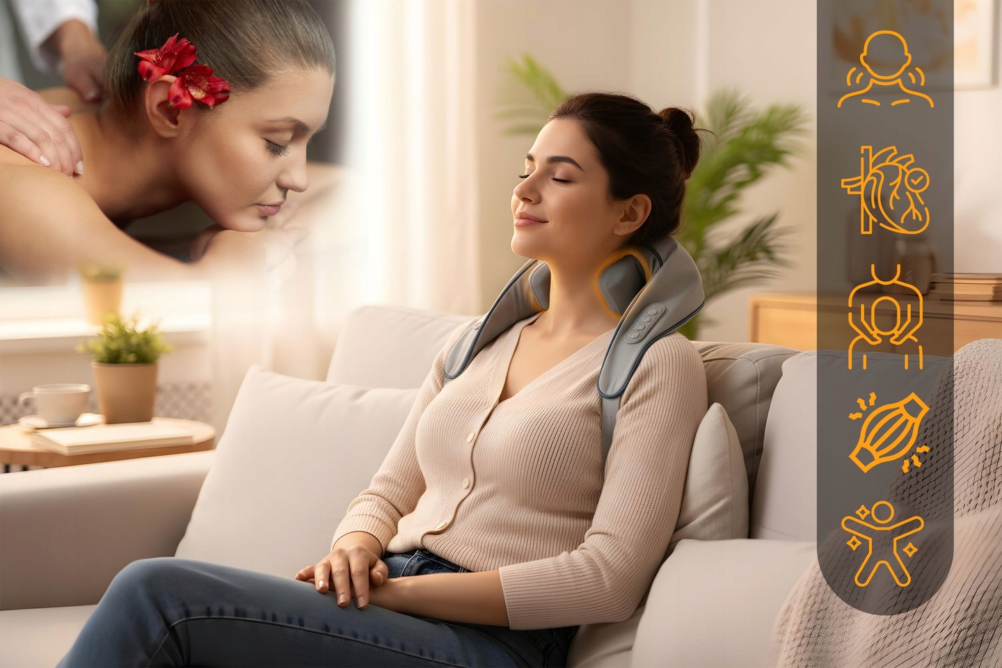 Neo-Sport NS-505 shiatsu kakla masētājs uz sievietes sprandas viesistabā ar relaksācijas ikonu joslu