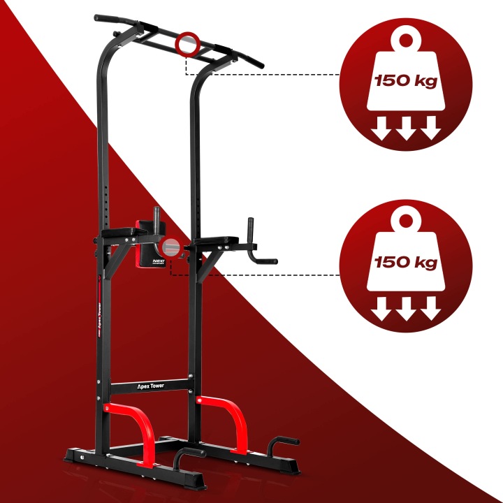 Neo-Sport Apex Tower stacija ar izceltiem 150 kg slodzes simboliem uz stieņa un balstiem