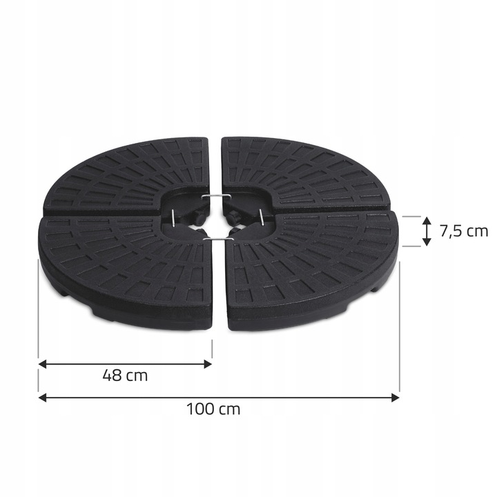 Dārza lietussarga pamatne ar izmēru atzīmēm 100 cm, 48 cm un 7,5 cm