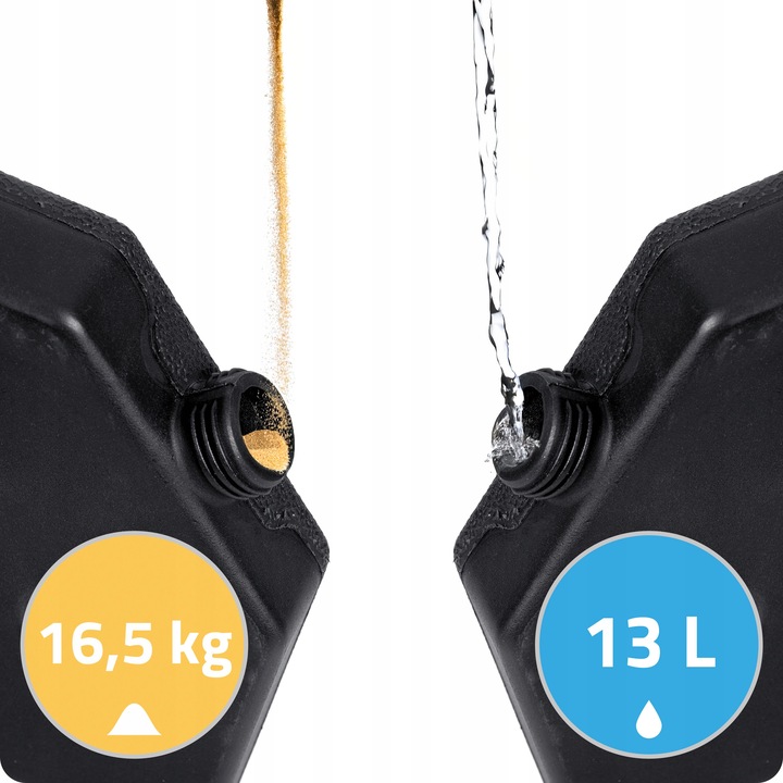 Dārza lietussarga pamatnes piepildīšanas detaļa ar smiltīm un ūdeni, redzami 16,5 kg un 13 l apzīmējumi