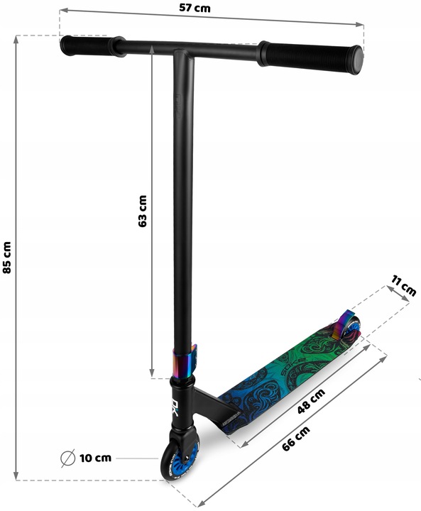 SOKE EVO Street izmēru shēma ar 57 cm stūres platumu un 85 cm kopējo augstumu