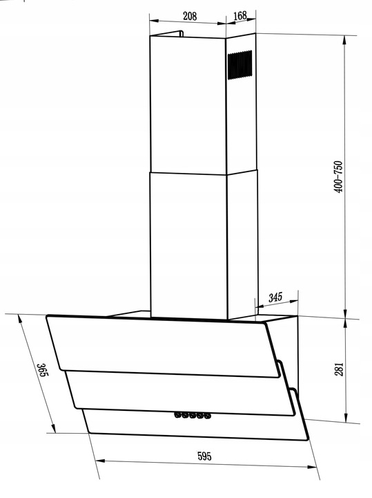 Berdsen BT-212 montāžas zīmējums ar izmēriem 595 mm platumā un 400–750 mm skursteņa augstumā