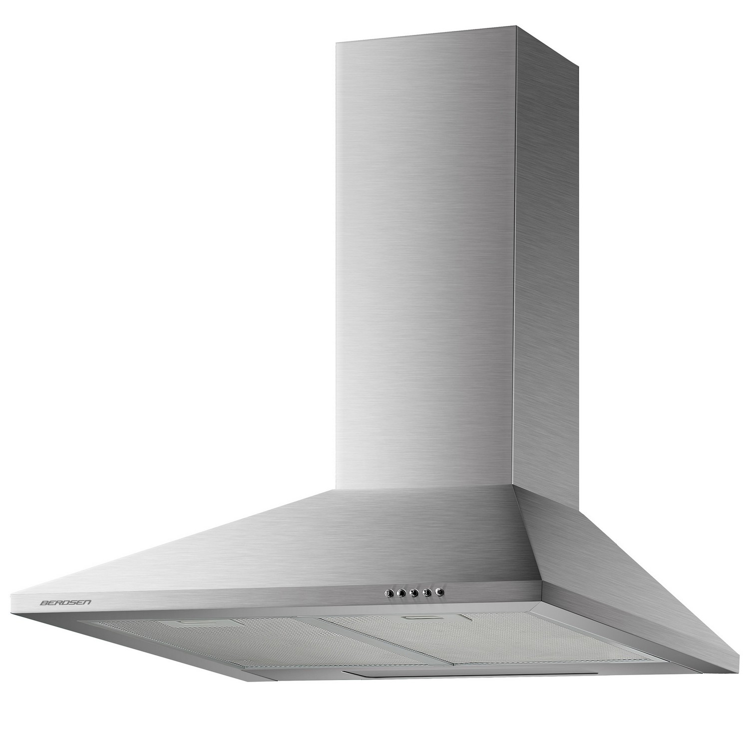 Berdsen BT-213 skursteņa tipa virtuves tvaika nosūcējs priekšskatījumā ar INOX apdari un divām lampām