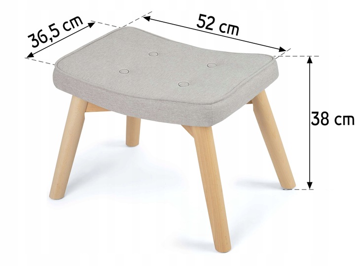Sofotel Norse pufs ar norādītiem izmēriem 52 cm, 36,5 cm un 38 cm