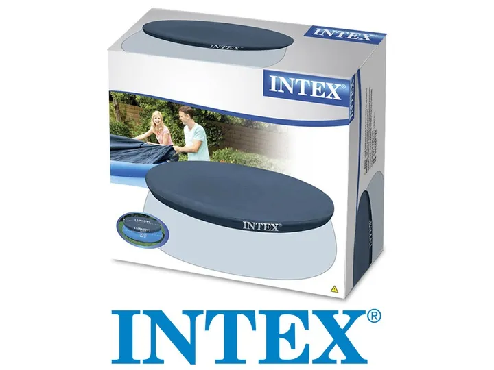 Intex baseina pārsega iepakojums ar pārsega attēlu un priekšējo skatu