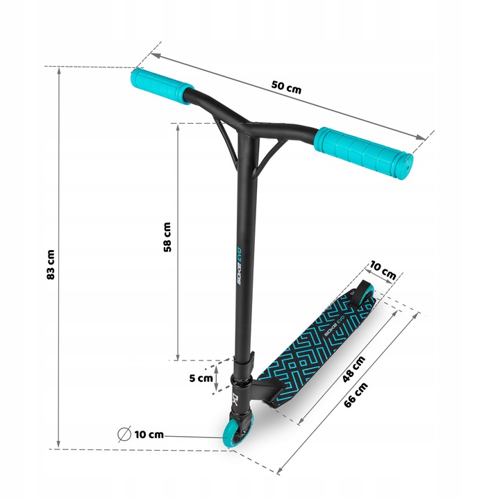 SOKE EVO triku skrejritenis ar izmēru marķējumiem 83 cm, 58 cm, 50 cm, 10 cm un 48 cm