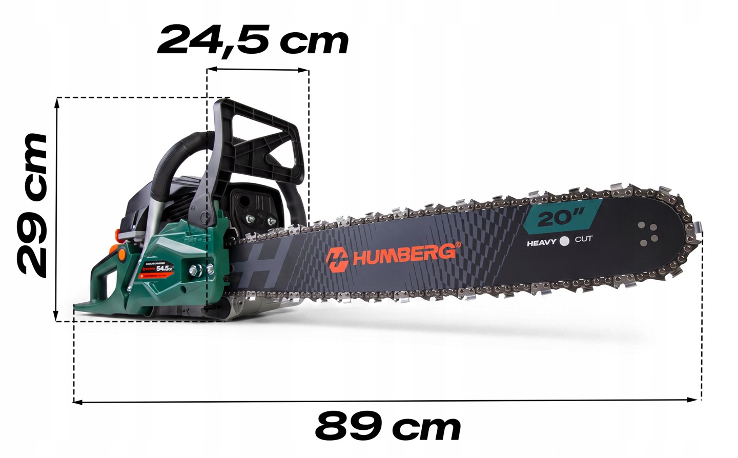 Humberg benzīna ķēdes zāģa izmēru shēma ar 89 cm garumu, 29 cm augstumu un 24,5 cm platumu