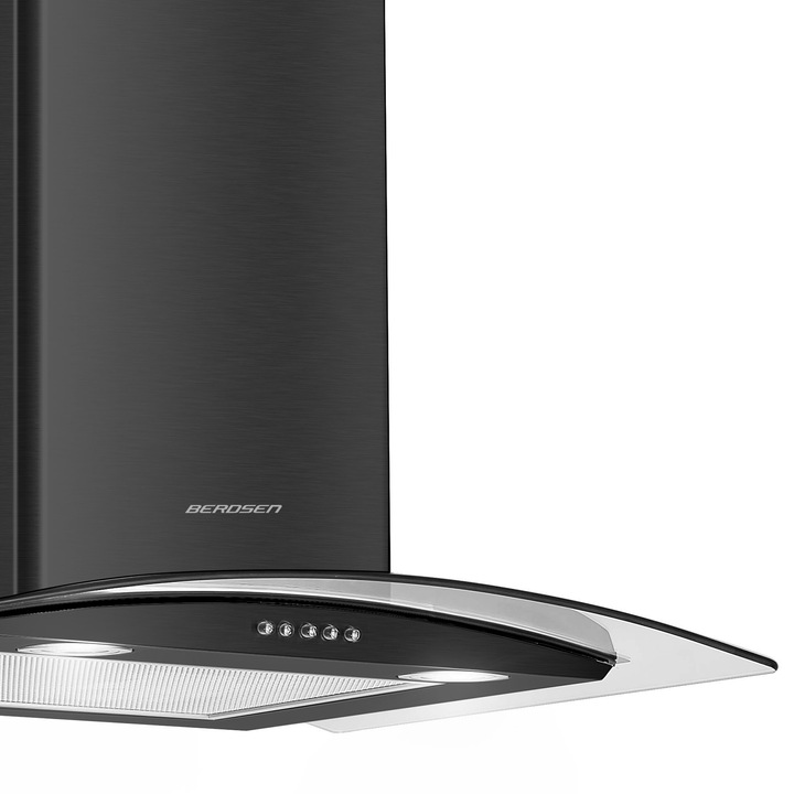 Berdsen BT-201 tvaika nosūcēja tuvplāns ar izliektu stikla malu un priekšējām pogām