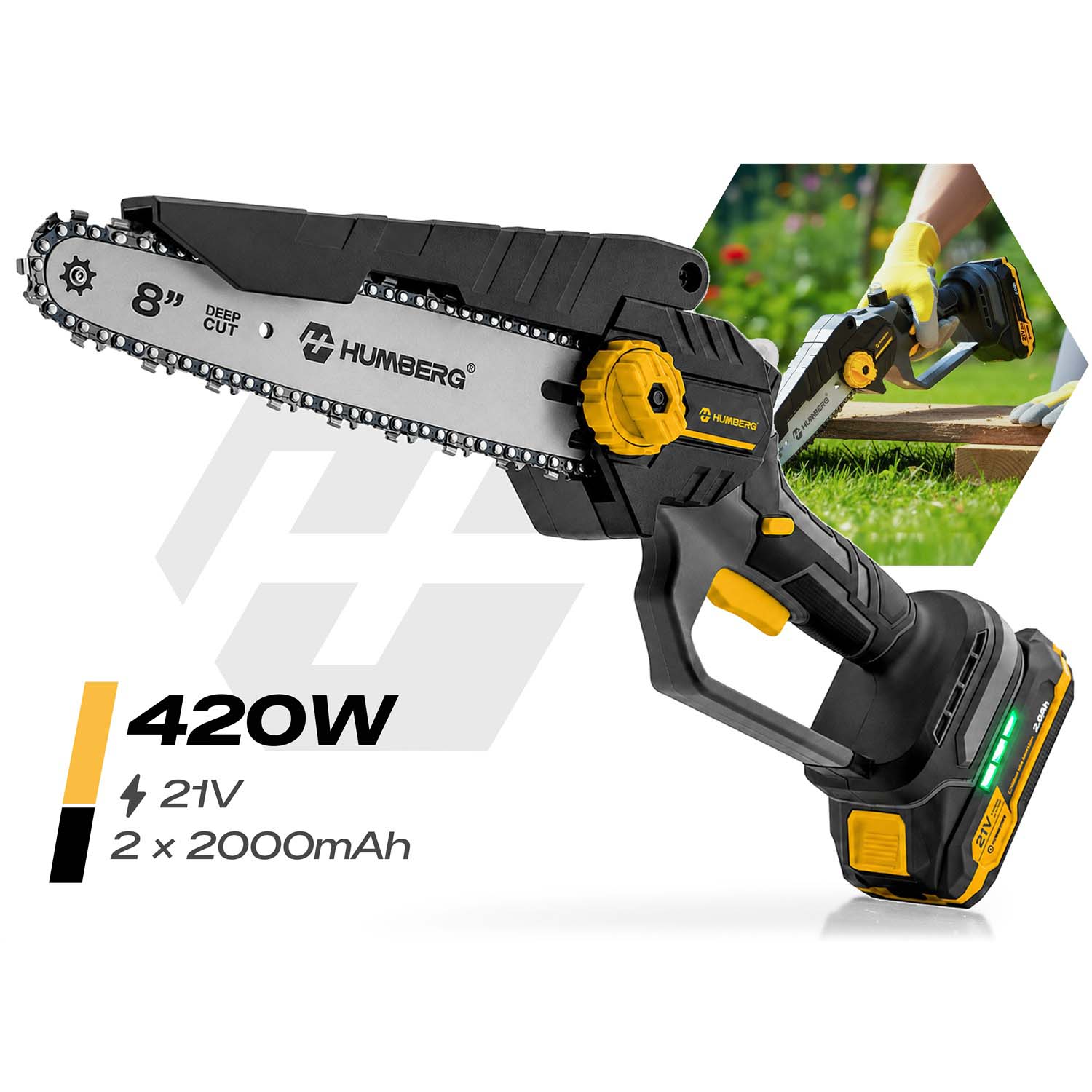 Mini ķēdes zāģis ar 8 collu vadotni un 420 W, 21 V un 2 x 2000 mAh marķējumu
