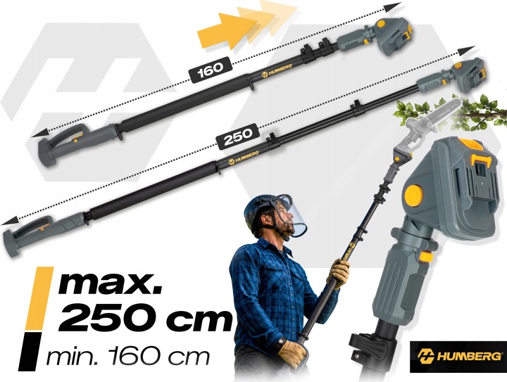 Teleskopiskais pagarinājums mini ķēdes zāģim ar norādi uz maksimālo garumu 250 cm