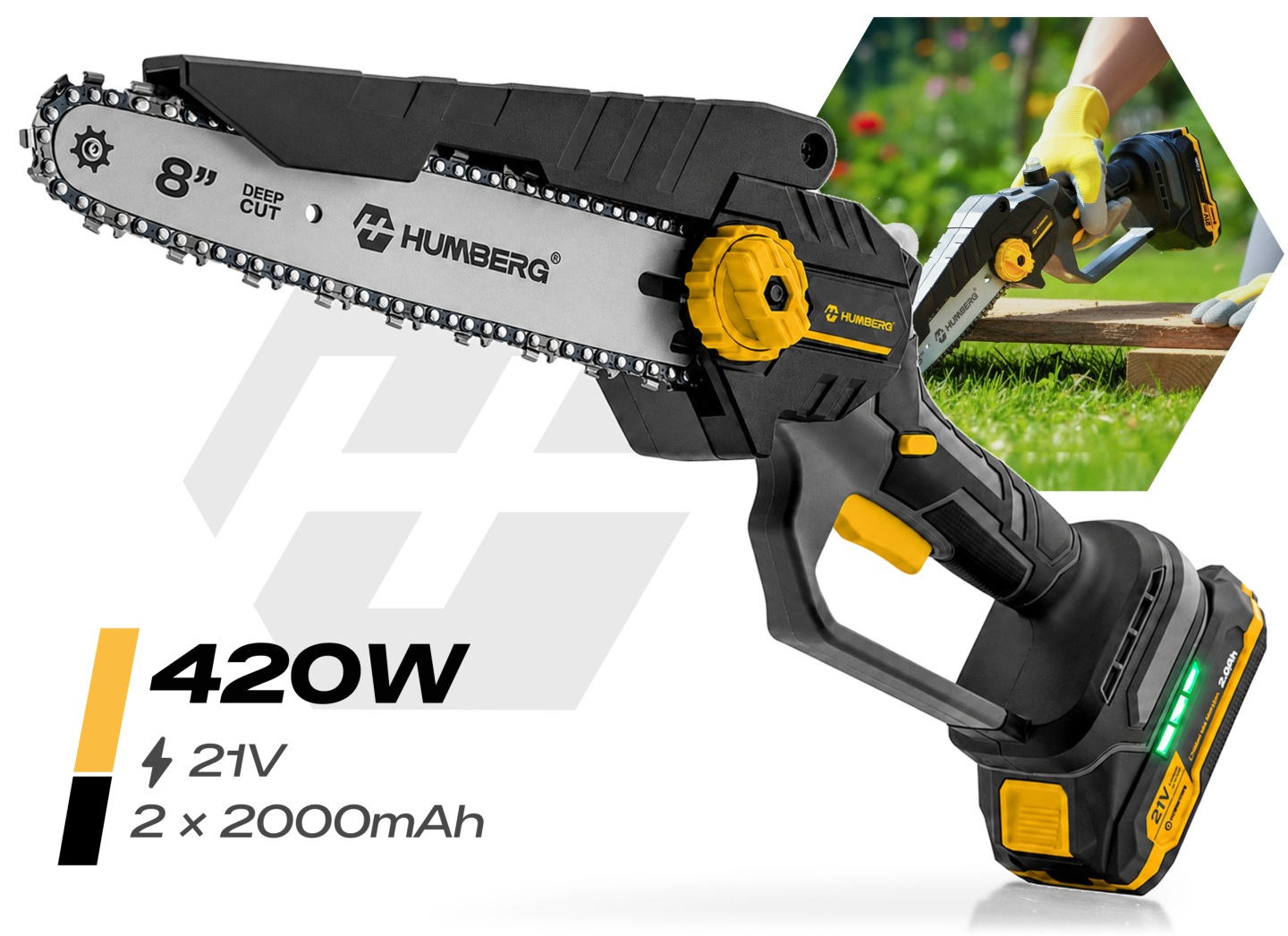 Humberg HM-421 akumulatora mini ķēdes zāģis ar redzamu 420 W, 21 V un 2 x 2000 mAh marķējumu