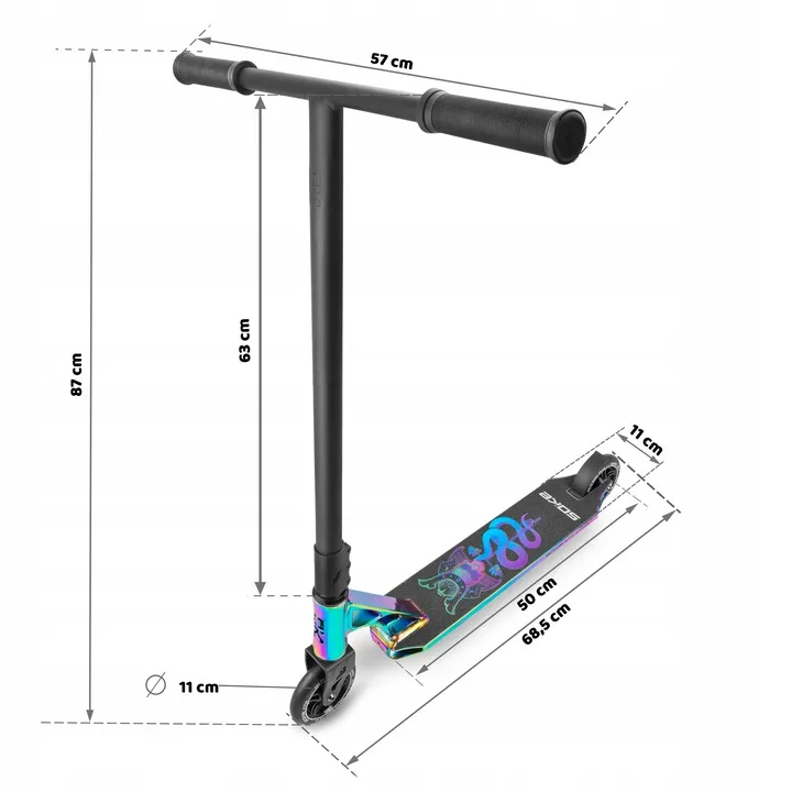 Skrejriteņa izmēru shēma ar 57 cm stūri, 87 cm augstumu un 50 cm platformu