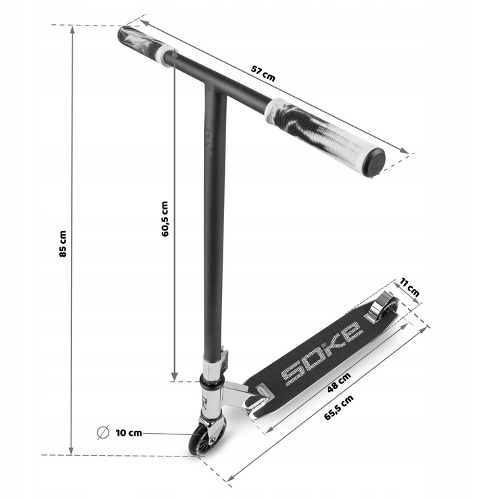 SOKE EVO Street skrejritenis ar izmēru atzīmēm 57 cm, 60,5 cm, 85 cm, 11 cm un 48 cm