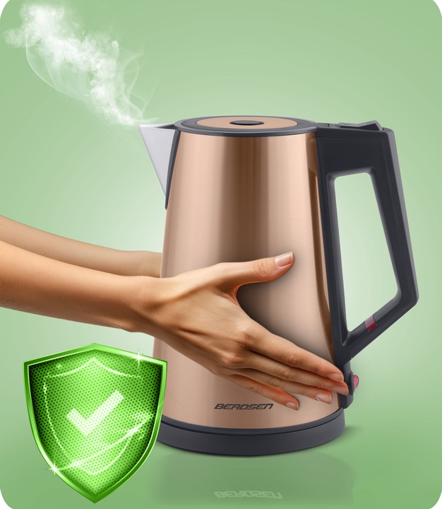 Elektriskā tējkanna Berdsen ar norādi par CoolTouch™ korpusu un drošu satveršanu