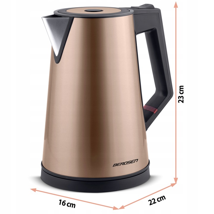 Berdsen BD-708 elektriskā tējkanna ar norādītiem izmēriem 23 cm, 22 cm un 16 cm