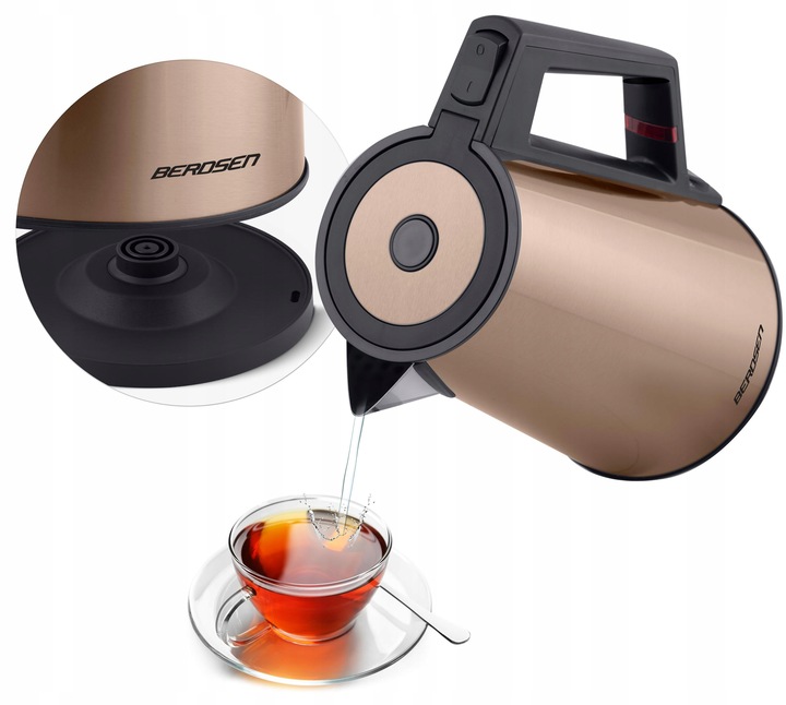 Berdsen BD-708 elektriskā tējkanna ar paceltu vāku un redzamu snīpi