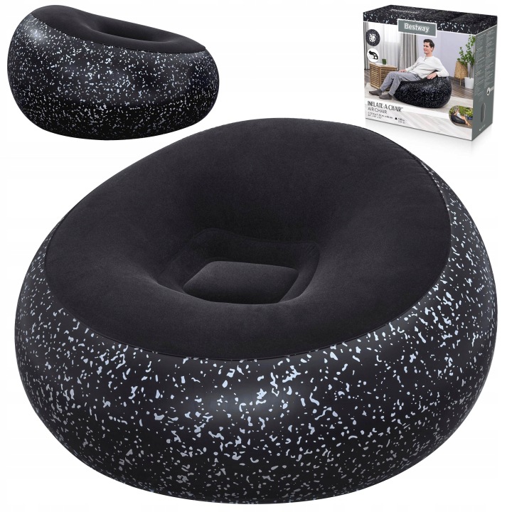 Bestway piepūšams krēsls ar melnu virsmu un baltu punktiņu apdruku, redzams arī iepakojums