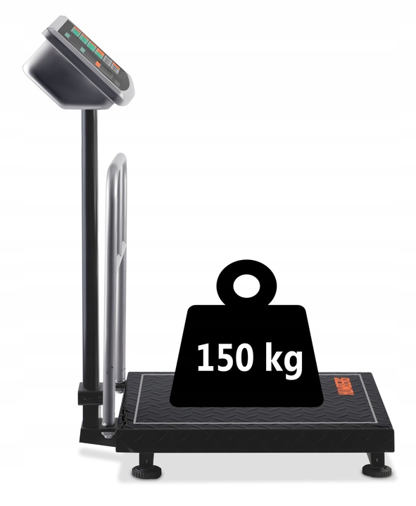 Humberg rūpnieciskie svari sānskatā ar 150 kg slodzes marķējumu uz platformas