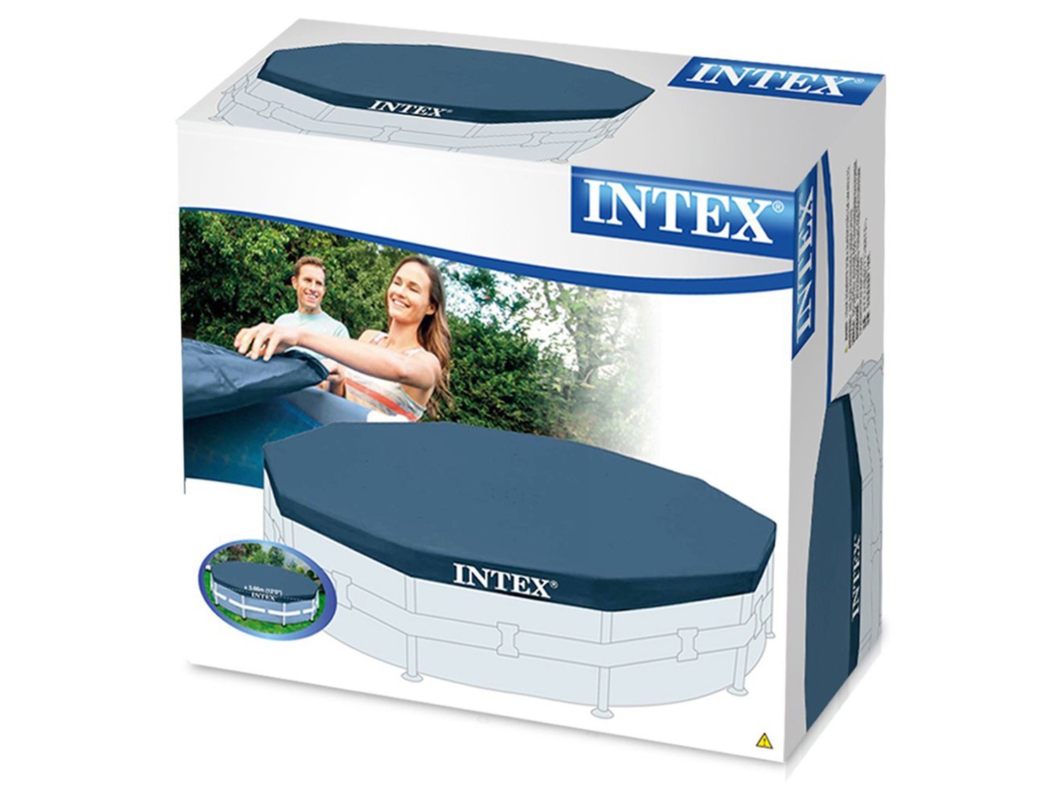 Intex baseina pārsega iepakojuma skats no sāna, redzams baseina pārsega un zīmola marķējums uz kastes