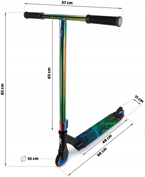 SOKE EVO Street skrejriteņa izmēru shēma ar 57 cm stūri un 83 cm augstumu