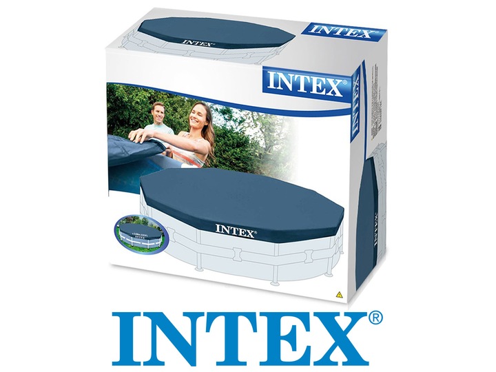 Intex baseina pārvalka iepakojums ar redzamu pārklāja attēlu un kastes priekšpusi