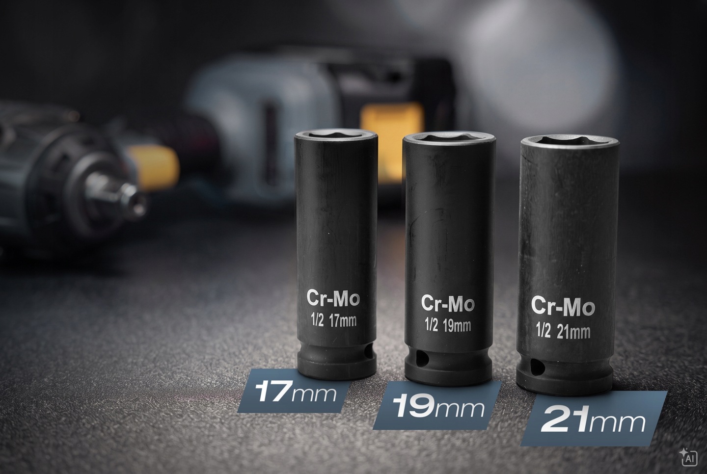Trīs Cr-Mo triecienuzgaļu galvas 17 mm, 19 mm un 21 mm uz darba virsmas ar instrumentu fonā