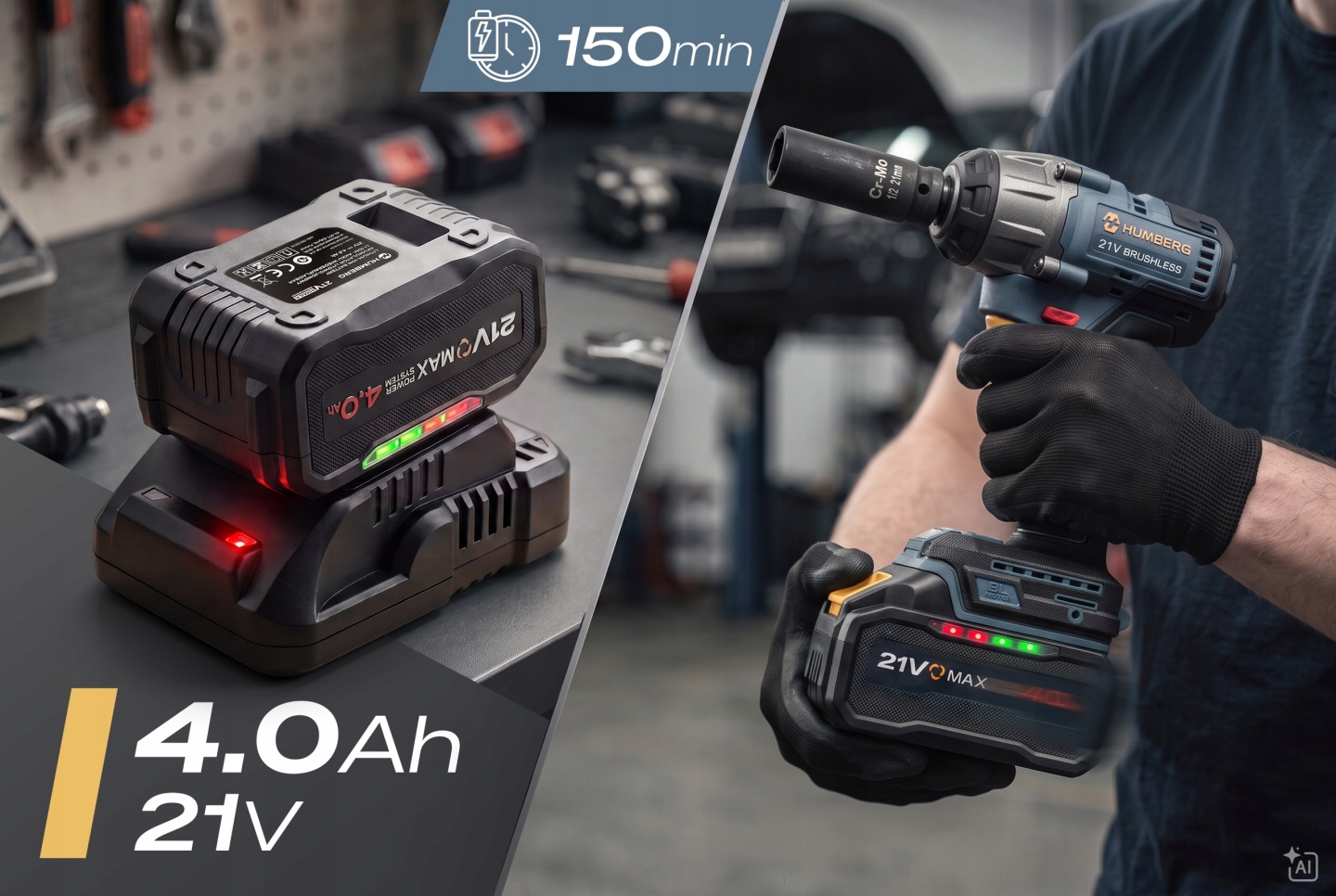 4,0 Ah 21 V akumulators un triecienatslēga ar lādēšanas norādi un lietošanas ainu darbnīcā