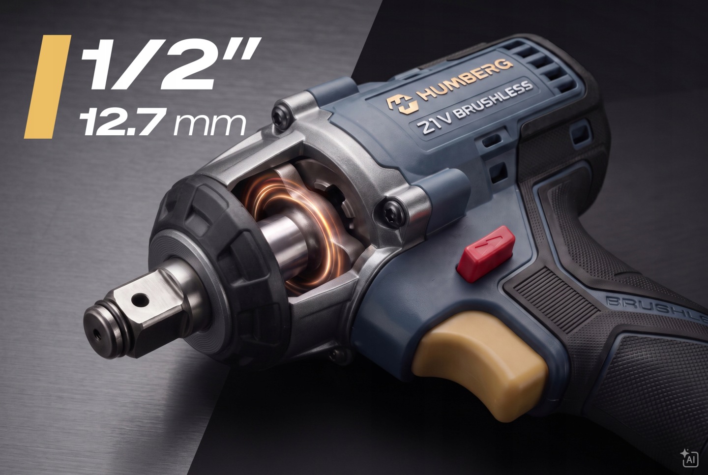 Humberg bezsuku triecienatslēga slīpā tuvplānā ar redzamu 1/2" stiprinājumu un 12,7 mm marķējumu