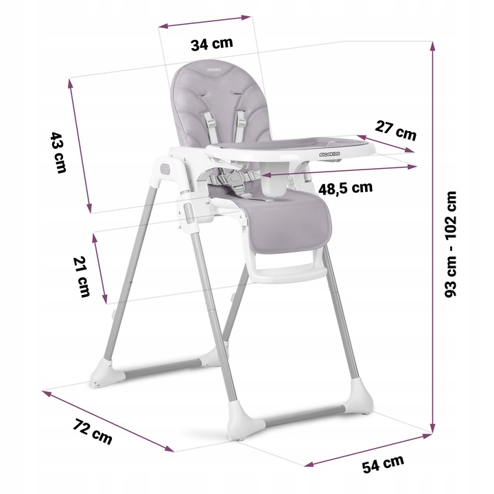 Ricokids Tulo barošanas krēsla izmēri ar augstuma, platuma un dziļuma atzīmēm centimetros