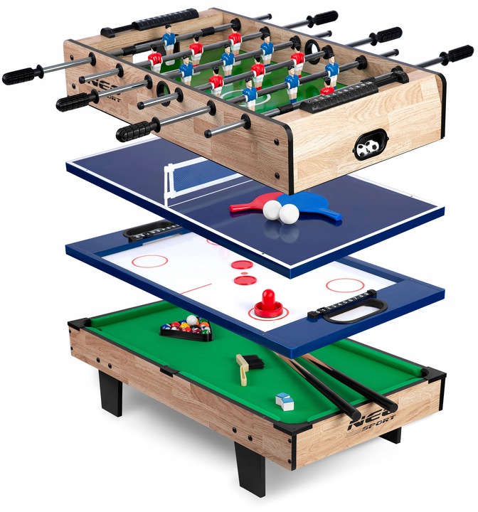 Neo-Sport NS-800 spēļu galds ar trīs maināmām virsmām, redzams salikums slāņos ar futbola galdu, galda tenisu un biljardu.