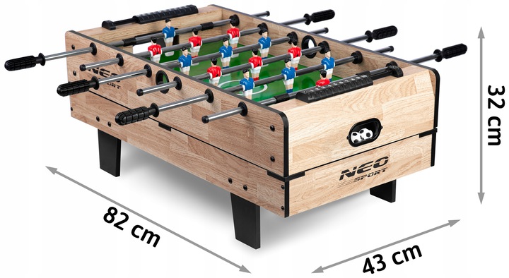 Neo-Sport NS-800 futbola galds ar izmēru norādēm 82 cm un 43 cm, redzams arī spēlētāju izkārtojums.