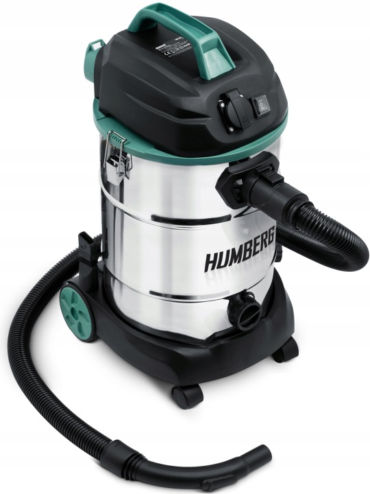 Humberg HM-402 putekļsūcējs slīpā skata attēlā ar redzamu tvertni, rokturi un šļūteni