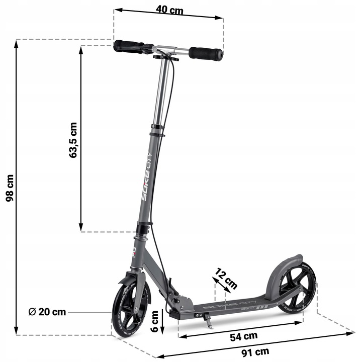 SOKE City skrejriteņa izmēru shēma ar norādītiem 98 cm, 54 cm, 40 cm un 20 cm mērījumiem